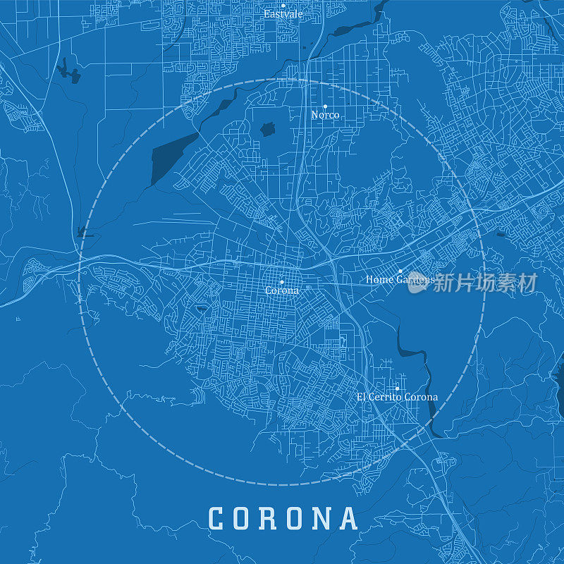 Corona CA城市矢量道路地图蓝色文本